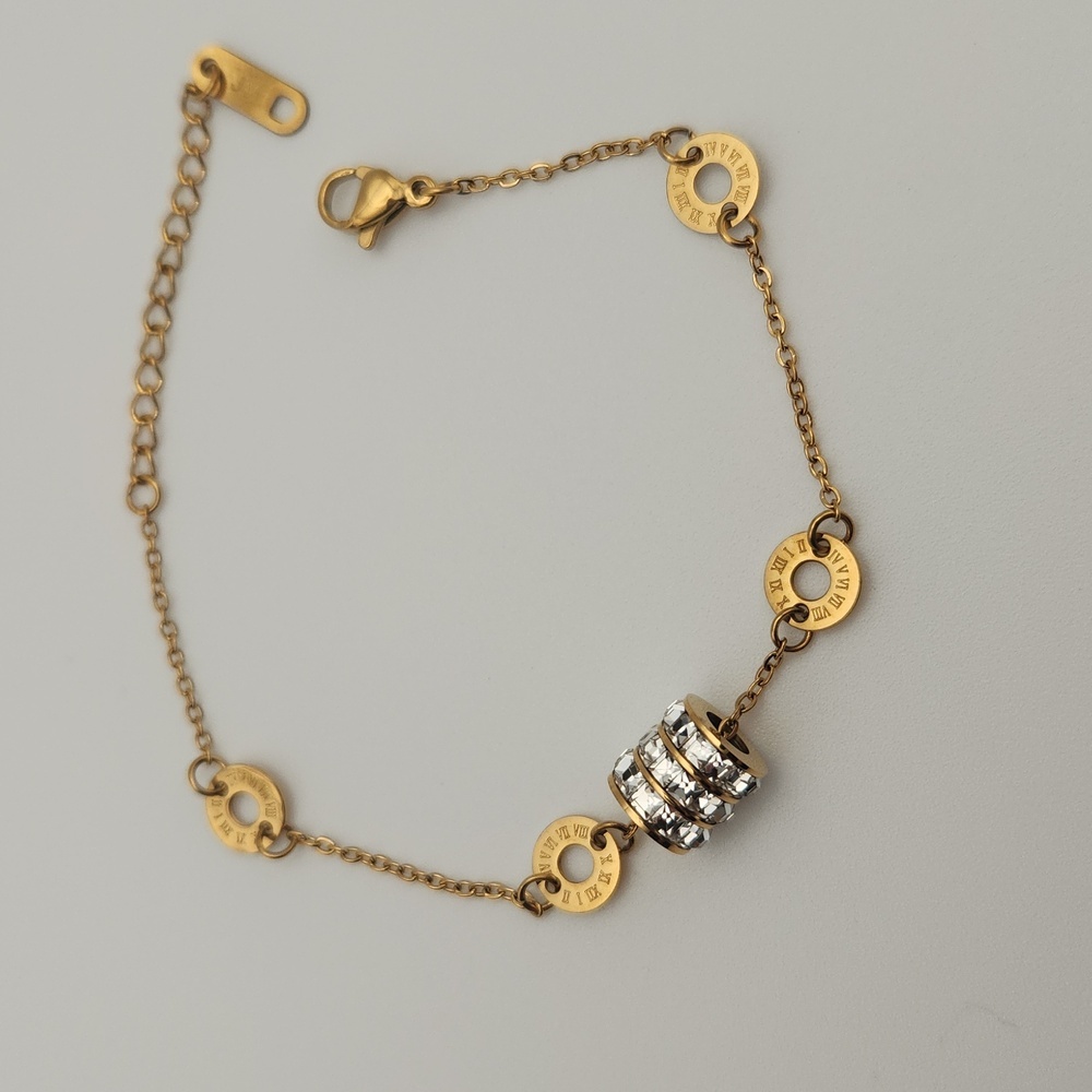 Gold Tone Roman Numeral Chain Bracelet | Zircon Accent Detail | Elegant Minimal - Picture 3 of 7